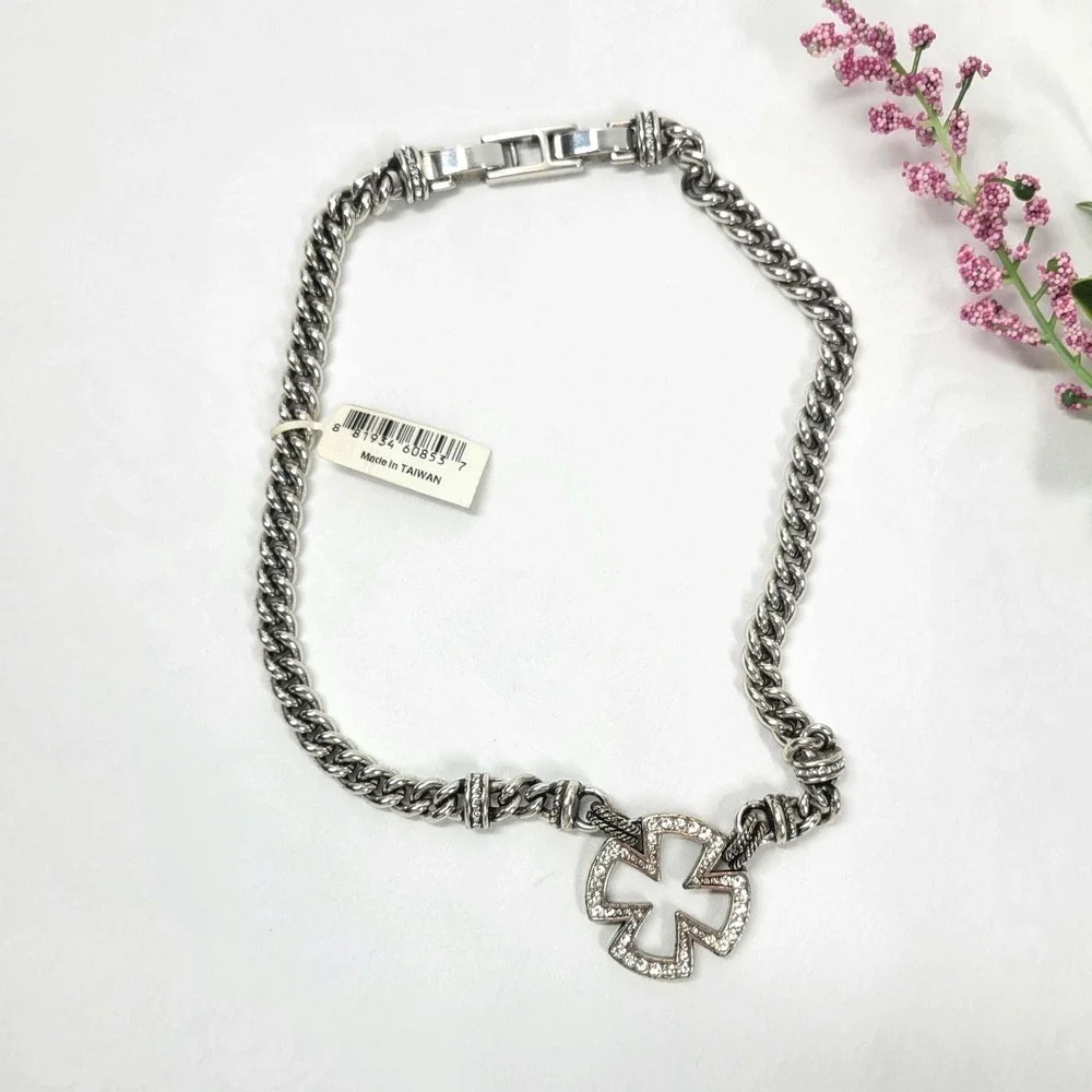 Brighton Chunky Silver Tone Maltese Cross Necklace‎ Reversible Rhinestone NWT